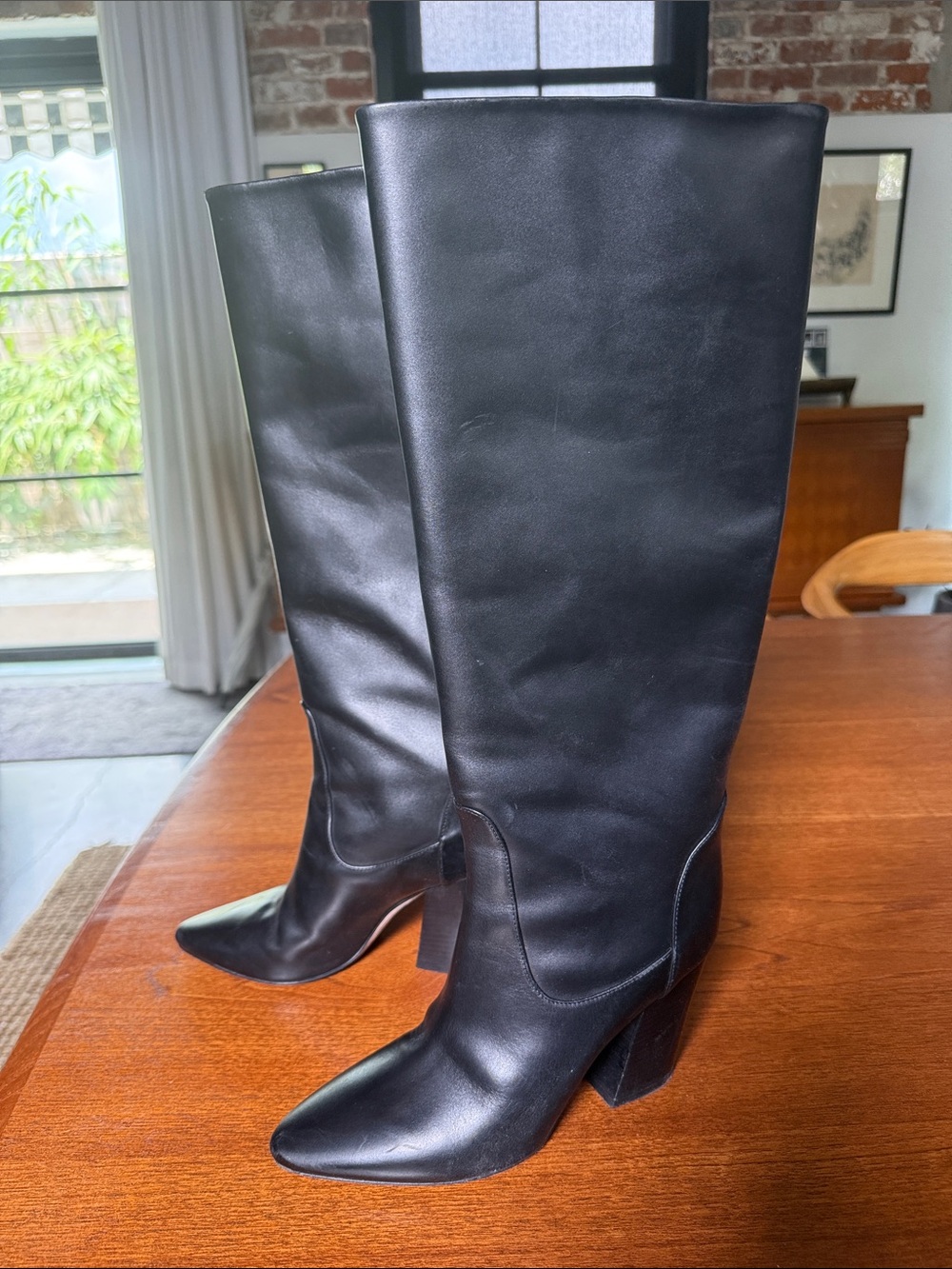 Dear Frances Black Leather Knee-High Block Heel Boots